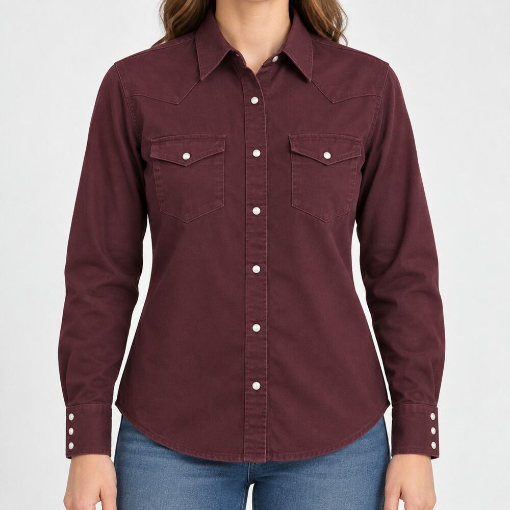 Carhartt Shirt Womens Large Burgundy Pearl Snap Western Long Sleeve Cotton Rodeo
